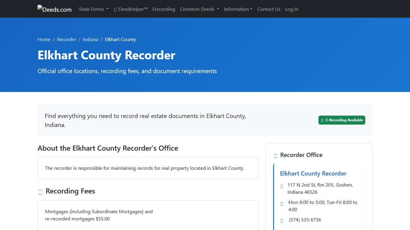 Elkhart County Recorder Information, Indiana - Deeds.com